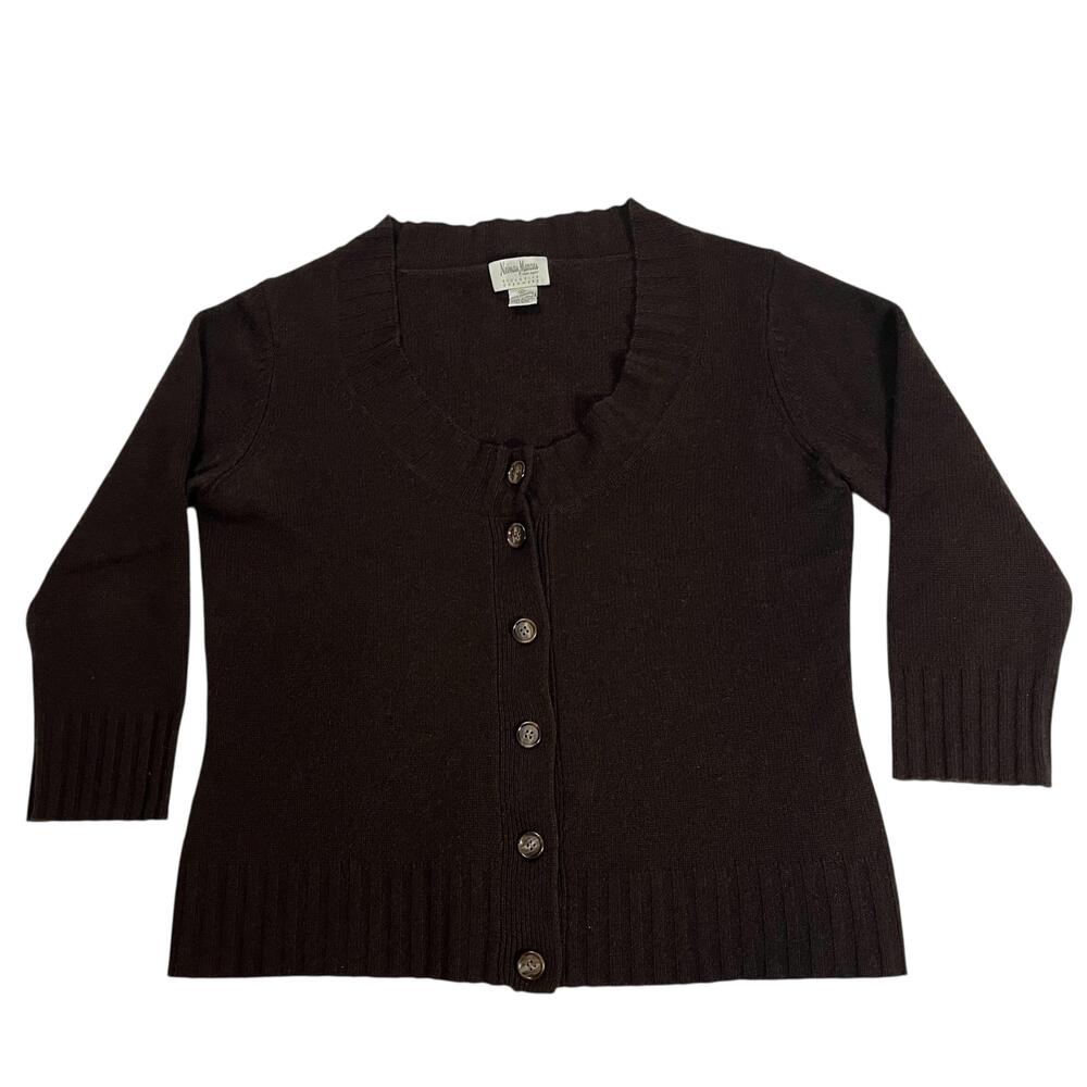 Neiman Marcus Cashmere Sweater Vintage 90s Women Large Brown Cardigan Scoop Neck